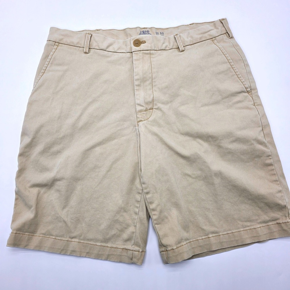 IZOD Saltwater Stretch Mens Khaki Chino Shorts Tan Size 32 9.5‎ Inseam Cotton
